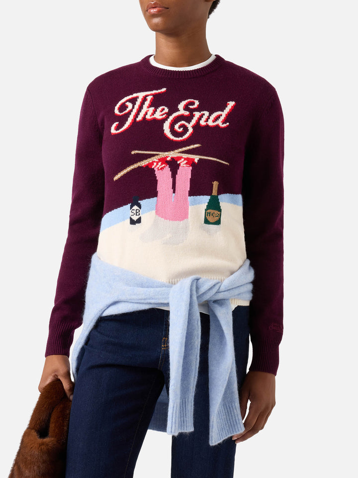 Bordeaux New Queen Rundhals-Strickpullover mit The End-Intarsie 