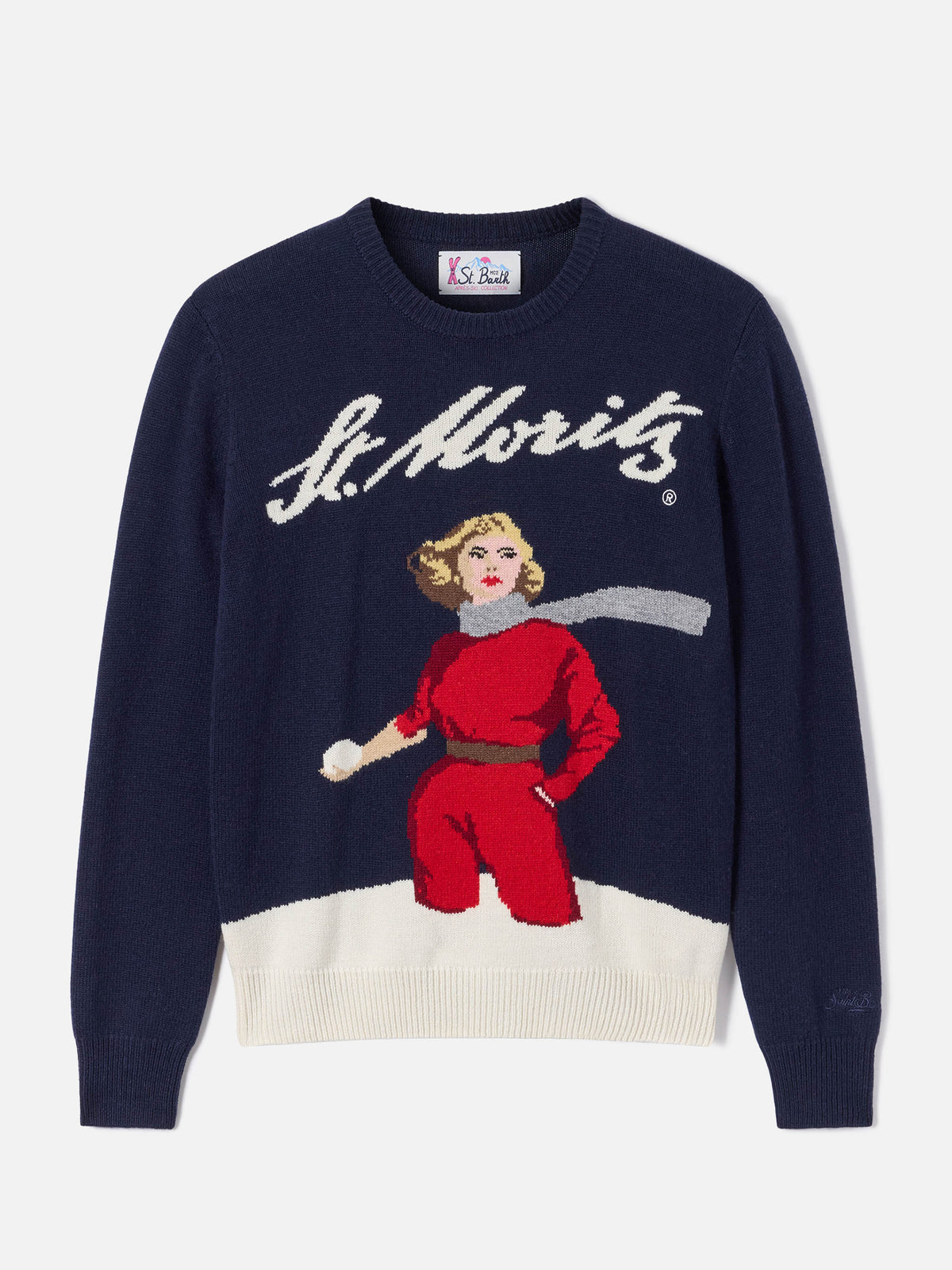 Punto de cuello redondo Navy blue New Queen con intarsia de esquiador St. Moritz | Special edition 