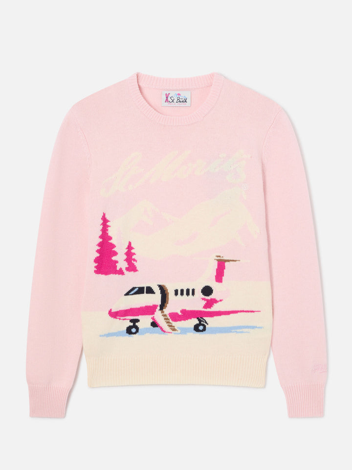 Rosa New Queen Rundhals-Strick mit St. Moritz Flugzeug-Intarsie | Special edition 