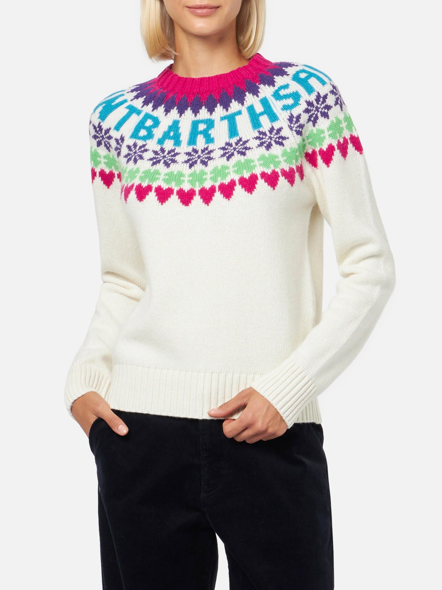 Weißer Damenpullover New Queen mit Fair-Isle-Jacquard