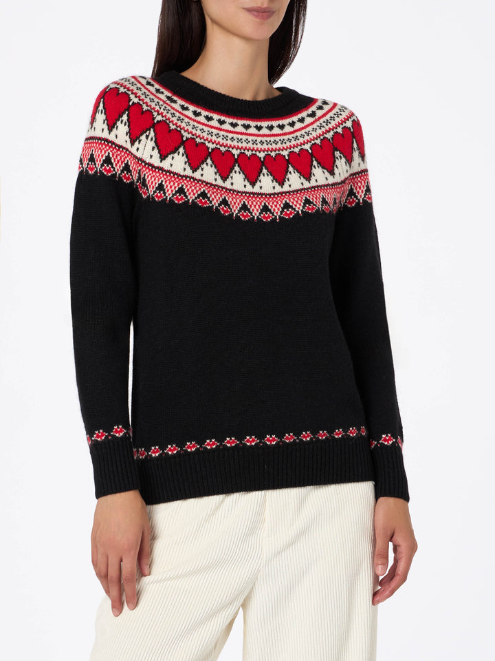 Woman black sweater New Queen with fair isle hearts jacquard - MC2 Saint Barth