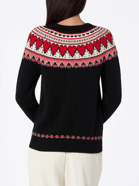 Woman black sweater New Queen with fair isle hearts jacquard - MC2 Saint Barth