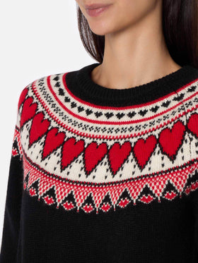 Woman black sweater New Queen with fair isle hearts jacquard