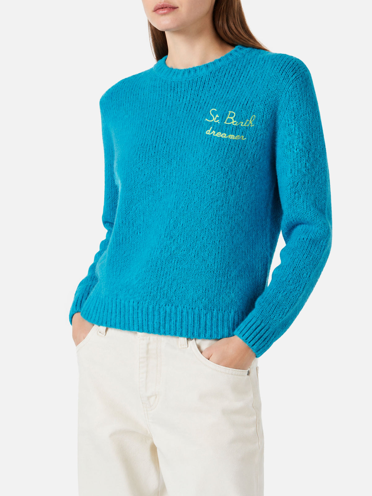 Nouveau pull brossé bleu clair Queen avec broderie Dreamer 