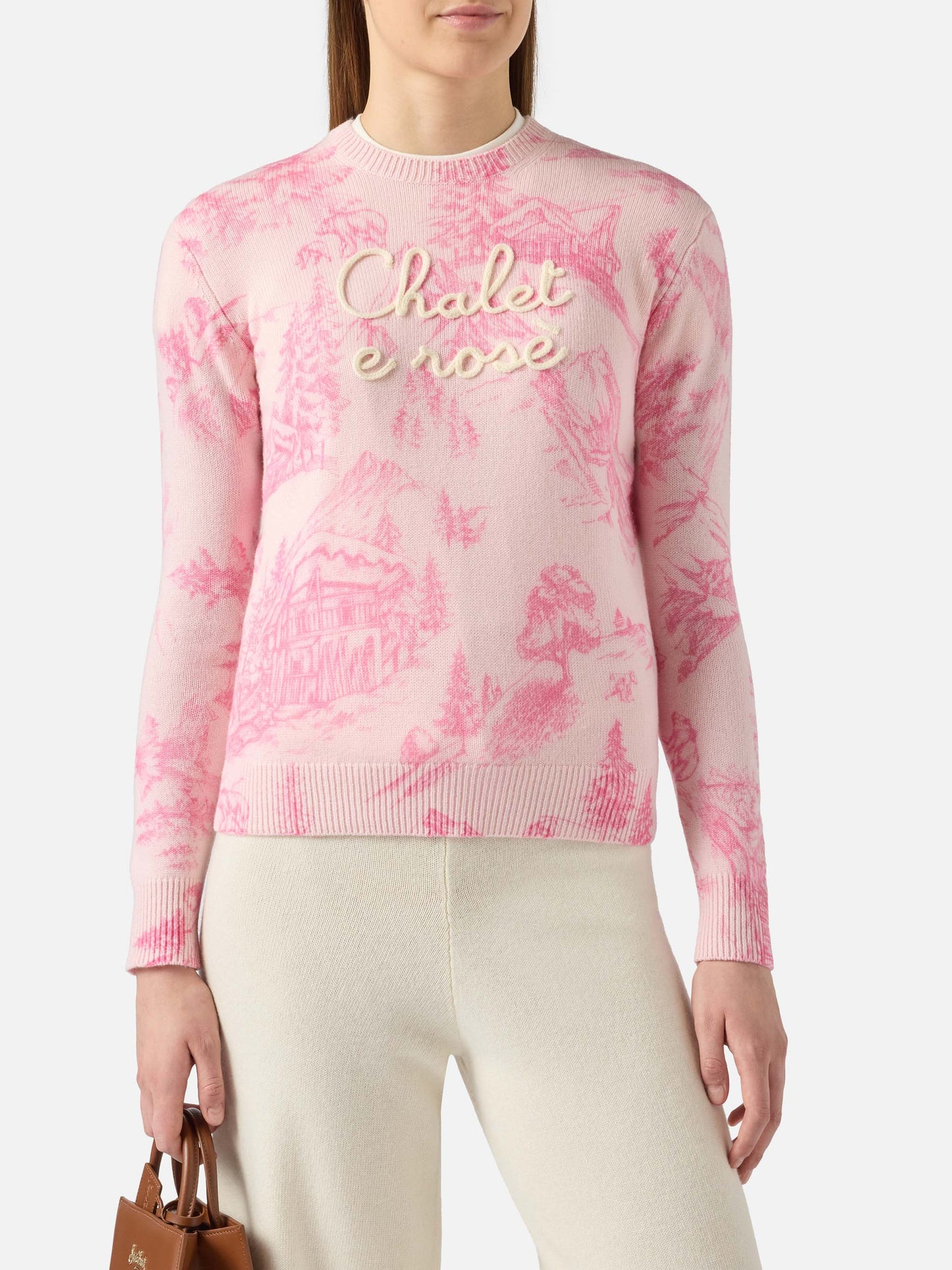 Pink New Queen sweater with print and Chalet embroidery