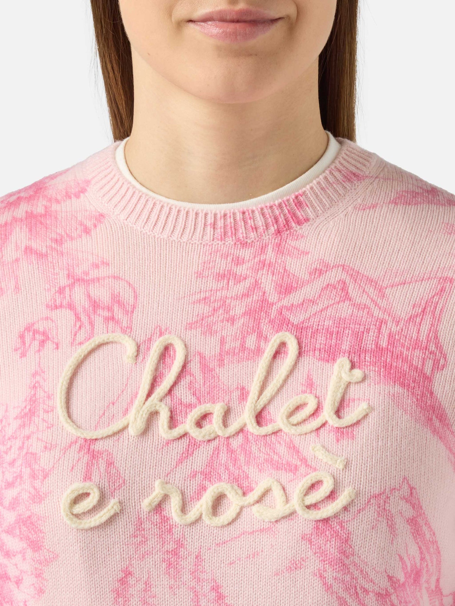 Pink New Queen sweater with print and Chalet embroidery