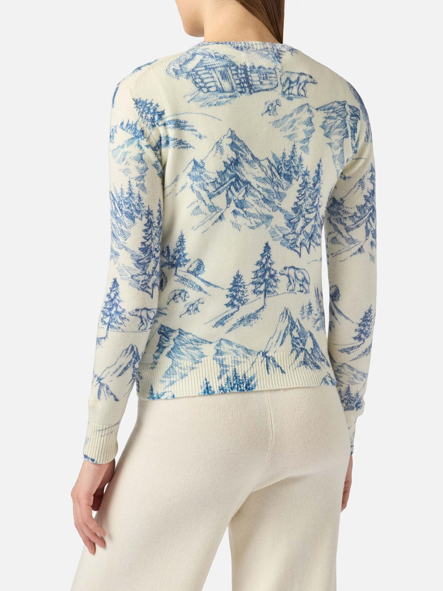 Weißer Damenpullover New Queen mit Toile de Jouy-Druck und La Montagne-Stickerei