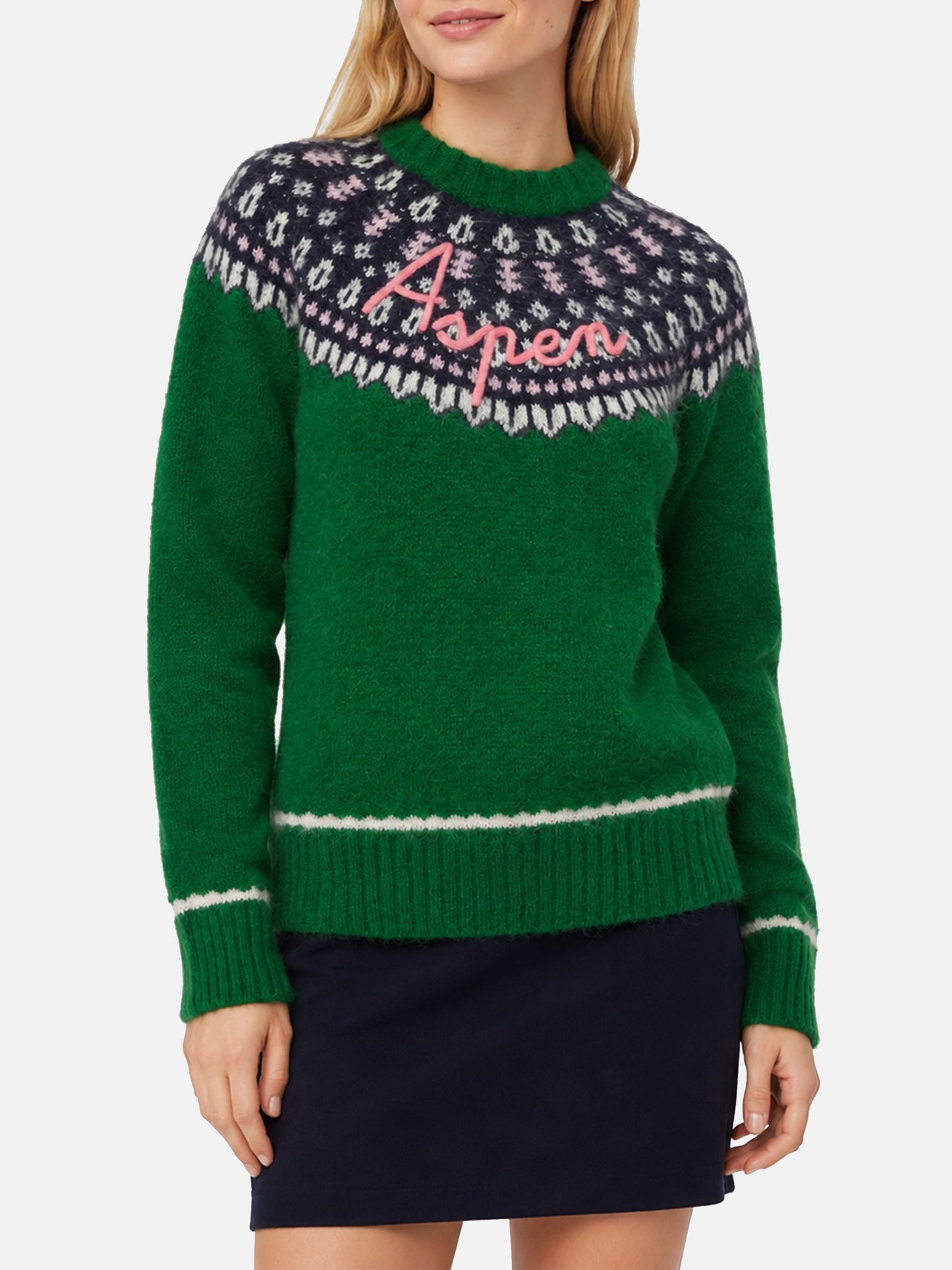 Pull vert Queen Nordic Soft avec jacquard fair isle et broderie Aspen 