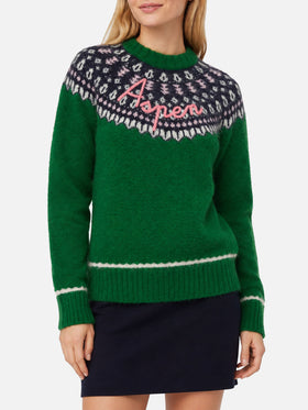 Pull vert Queen Nordic Soft avec jacquard fair isle et broderie Aspen 