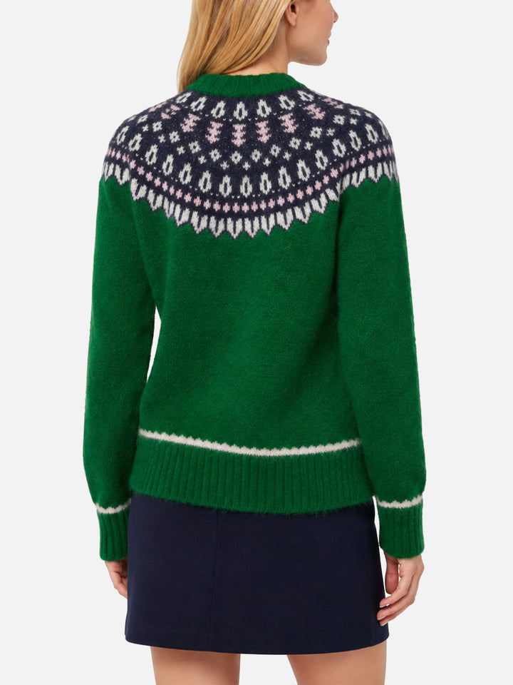 Suéter verde Queen Nordic Soft con jacquard fair isle y bordado Aspen 