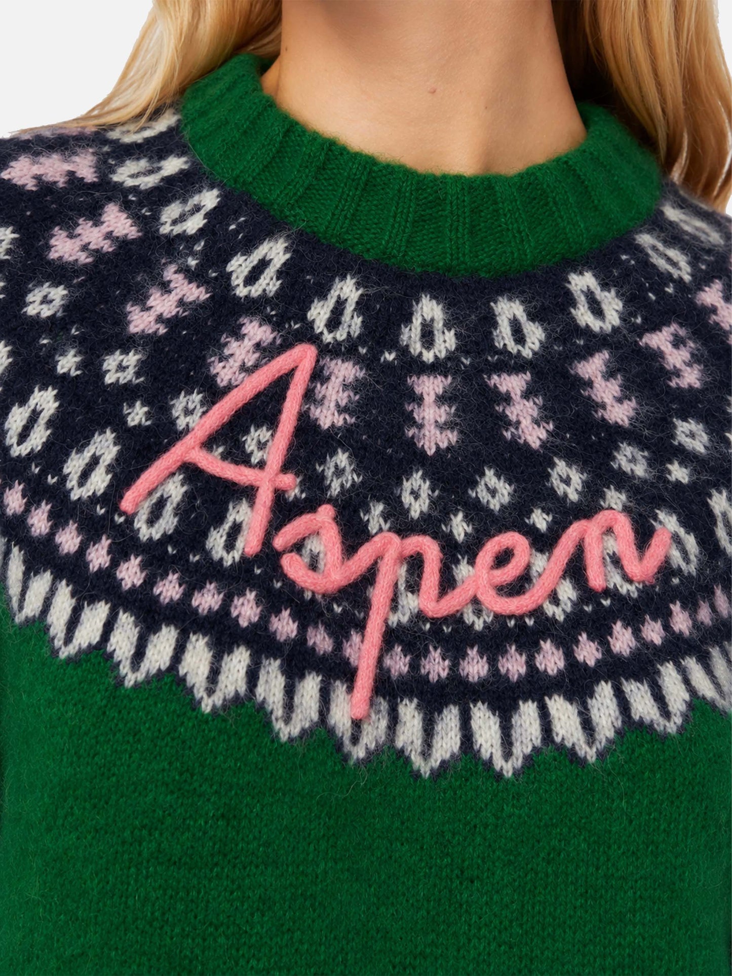 Pull vert Queen Nordic Soft avec jacquard fair isle et broderie Aspen 