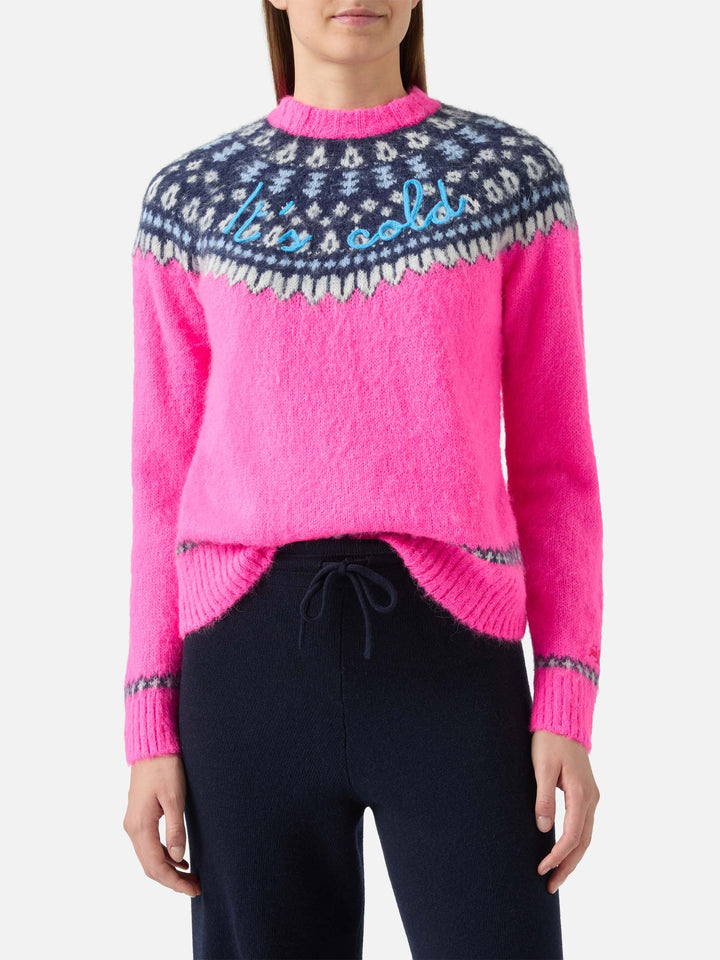 Neonpinkes Rundhals-Shirt „New Queen Nordic Soft“ mit Fair-Isle-Jacquardmuster und „It's Cold“-Stickerei