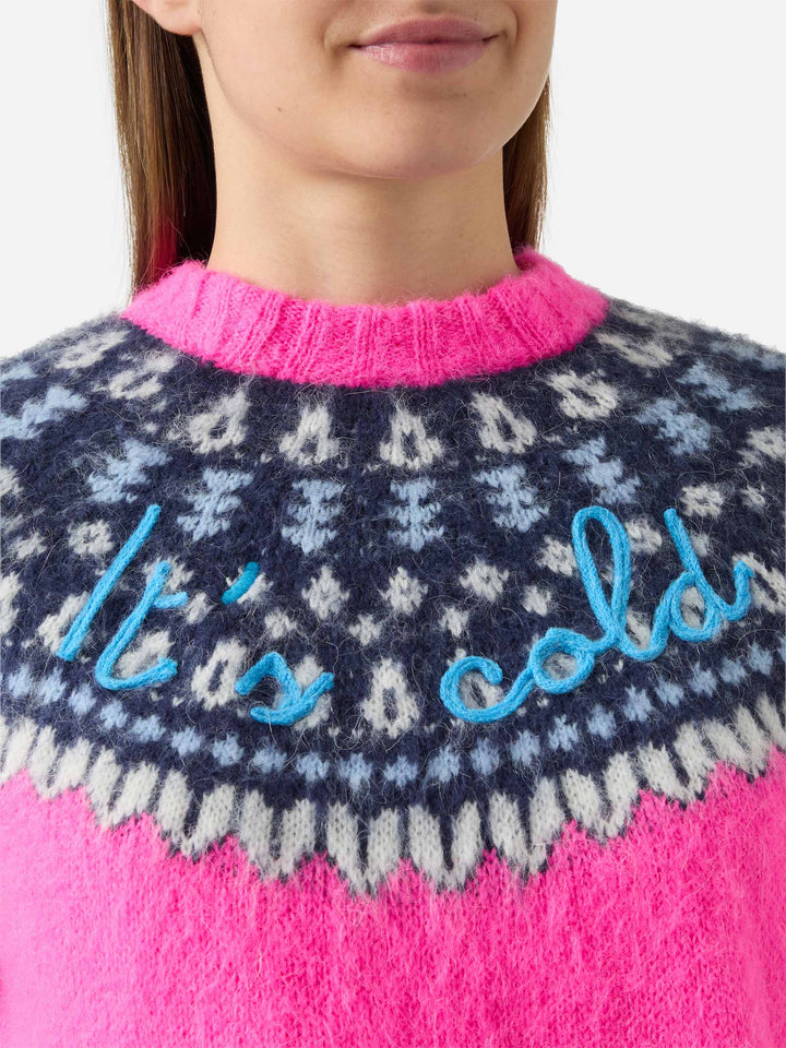 Neonpinkes Rundhals-Shirt „New Queen Nordic Soft“ mit Fair-Isle-Jacquardmuster und „It's Cold“-Stickerei