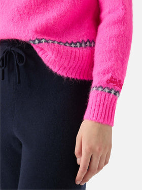 Fluo pink crewneck New Queen Nordic Soft with fair isle jacquard and It's cold  embroidery