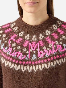 Maglione marrone Queen Nordic Soft con jacquard fair isle e ricamo Sun Moritz