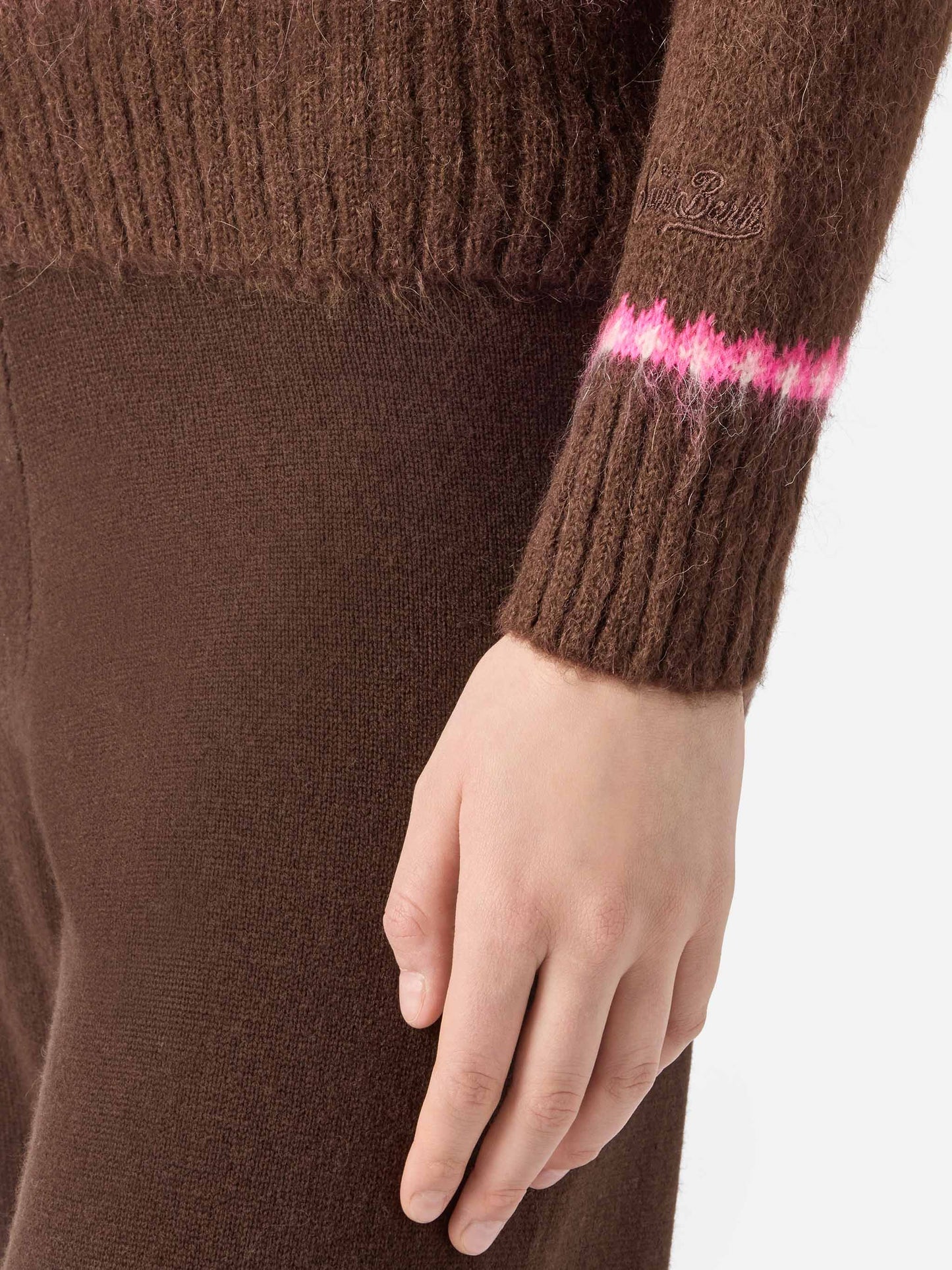 Maglione marrone Queen Nordic Soft con jacquard fair isle e ricamo Sun Moritz