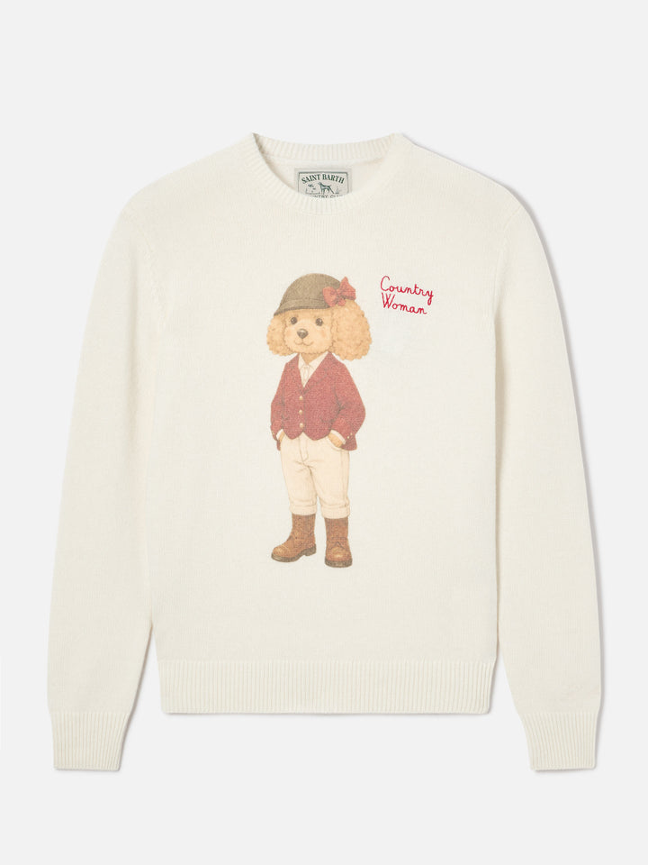 Pull en maille à col rond New Queen blanc cassé avec imprimé Country Woman 