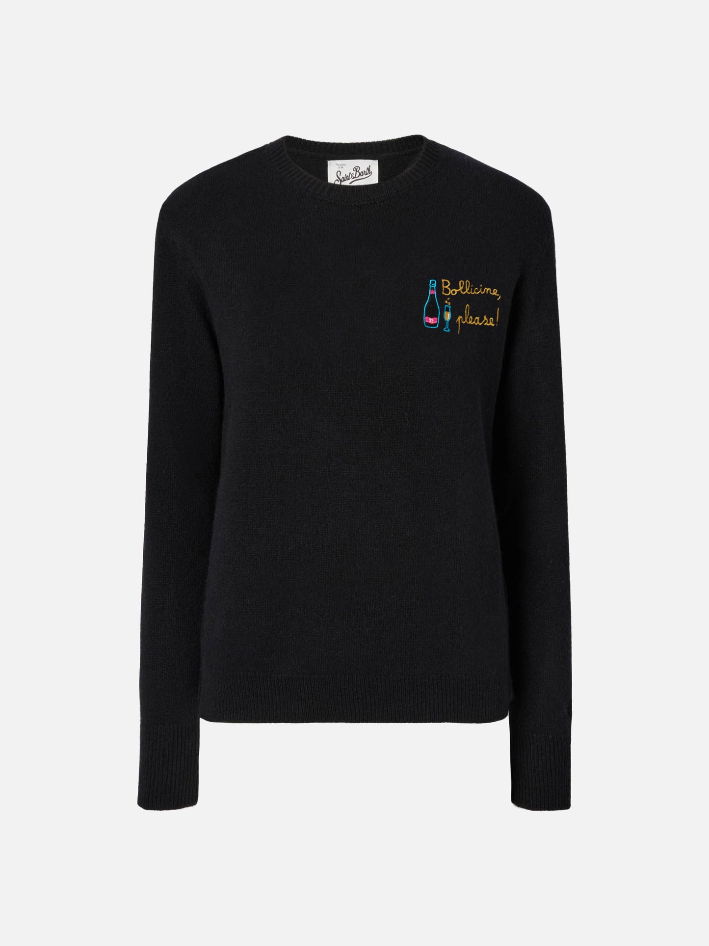 New Queen cashmere-blend sweater in black with Bollicine, please embroidery
