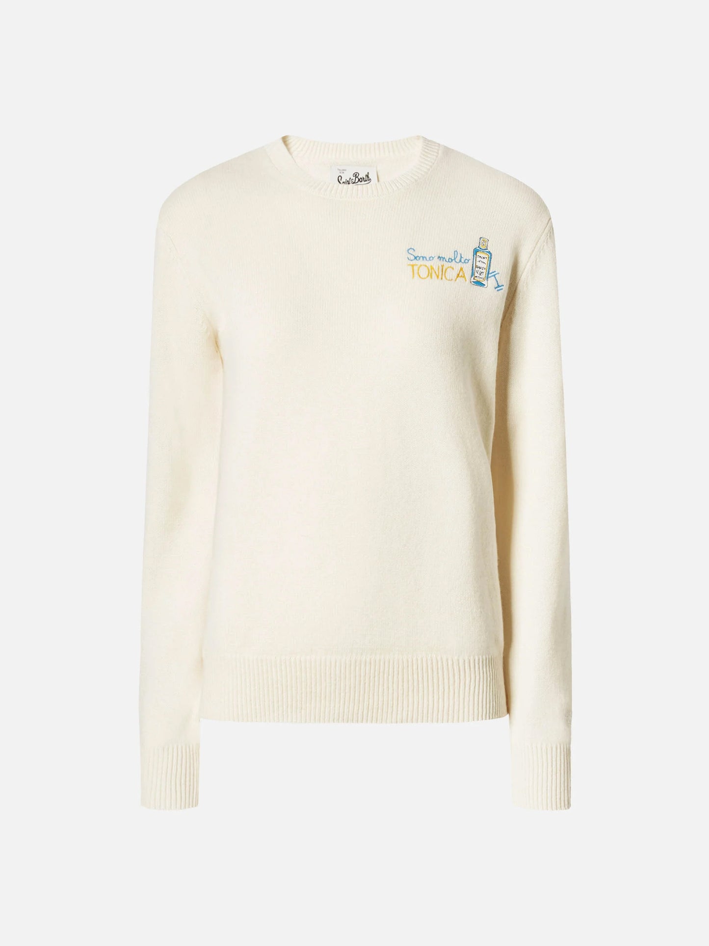 New Queen cashmere-blend sweater in white with Sono molto tonica embroidery