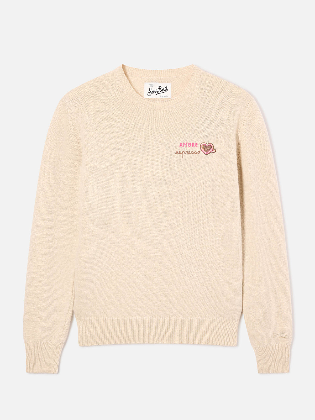 Pull col rond en mélange de laine Grain New Queen et cachemire avec broderie Amore Espresso 