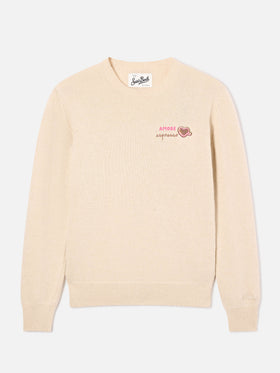 Pull col rond en mélange de laine Grain New Queen et cachemire avec broderie Amore Espresso 