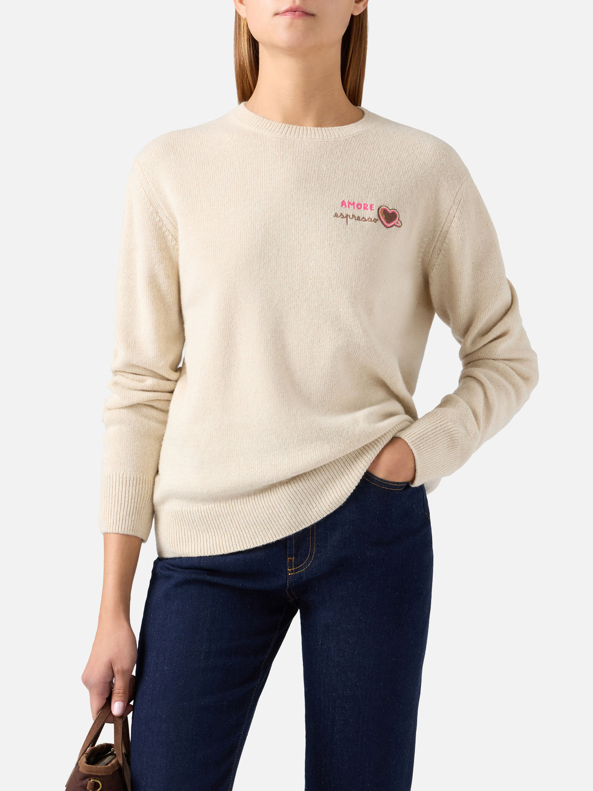 Pull col rond en mélange de laine Grain New Queen et cachemire avec broderie Amore Espresso 