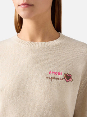 Pull col rond en mélange de laine Grain New Queen et cachemire avec broderie Amore Espresso 