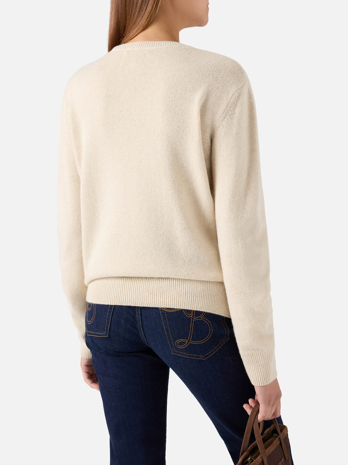 Pull col rond en mélange de laine Grain New Queen et cachemire avec broderie Amore Espresso 