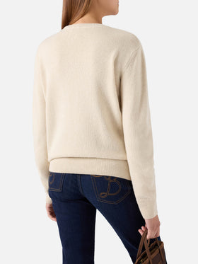 Pull col rond en mélange de laine Grain New Queen et cachemire avec broderie Amore Espresso 