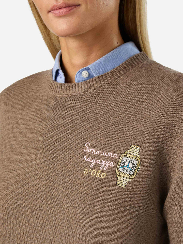 Military green New Queen wool and cashmere blend crewneck with Sono Una Ragazza D'Oro embroidery