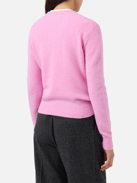 New Queen stretch sweater in merino-wool and alpaca blend in pink with Non smetto di sp(l)endere embroidery