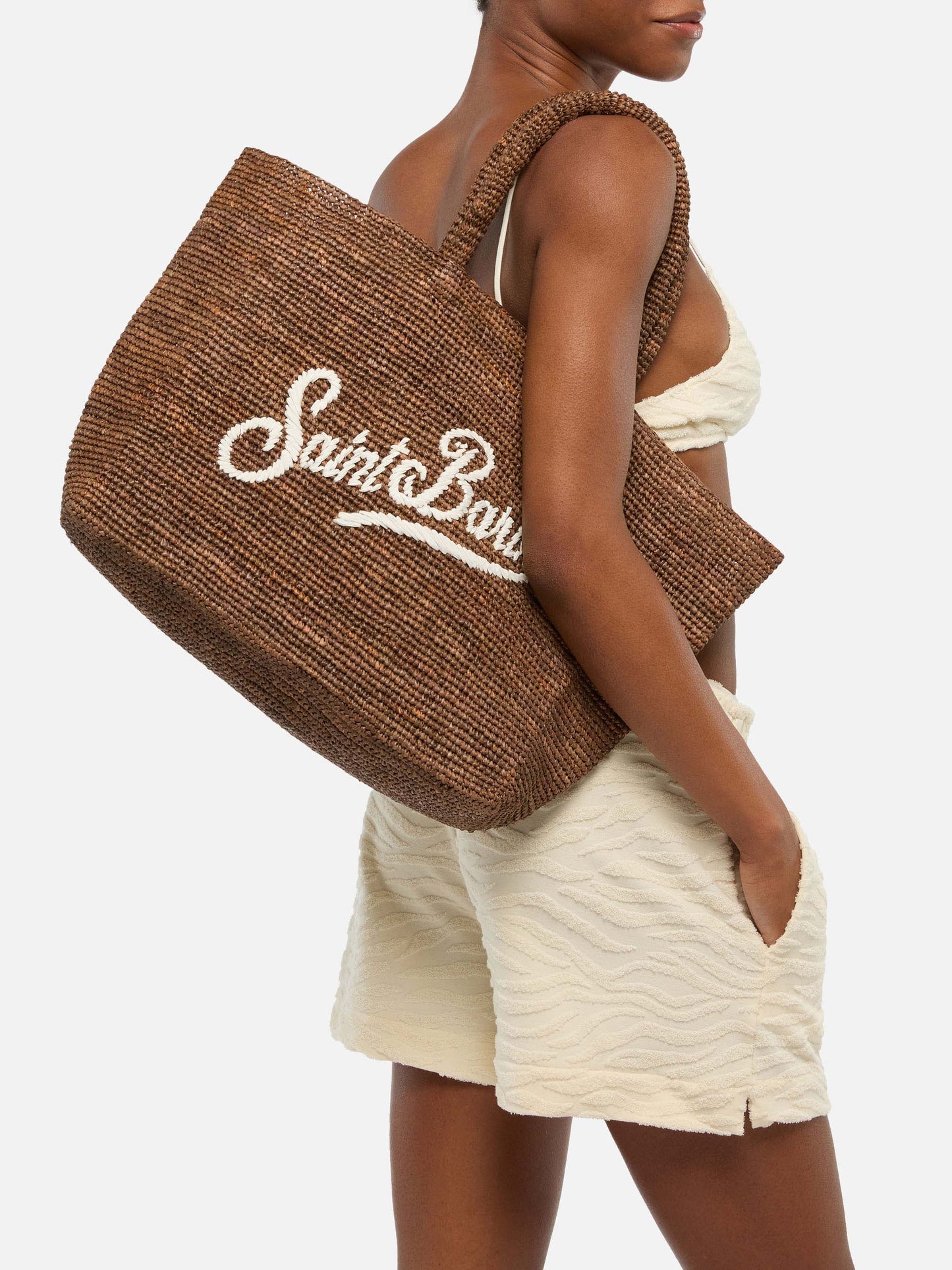 Rafia Beach Bag marrone con pochette interna in cotone
