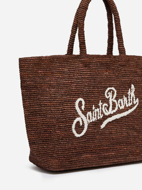 Bolso de playa Brown Beach de rafia con logo bordado en contraste 