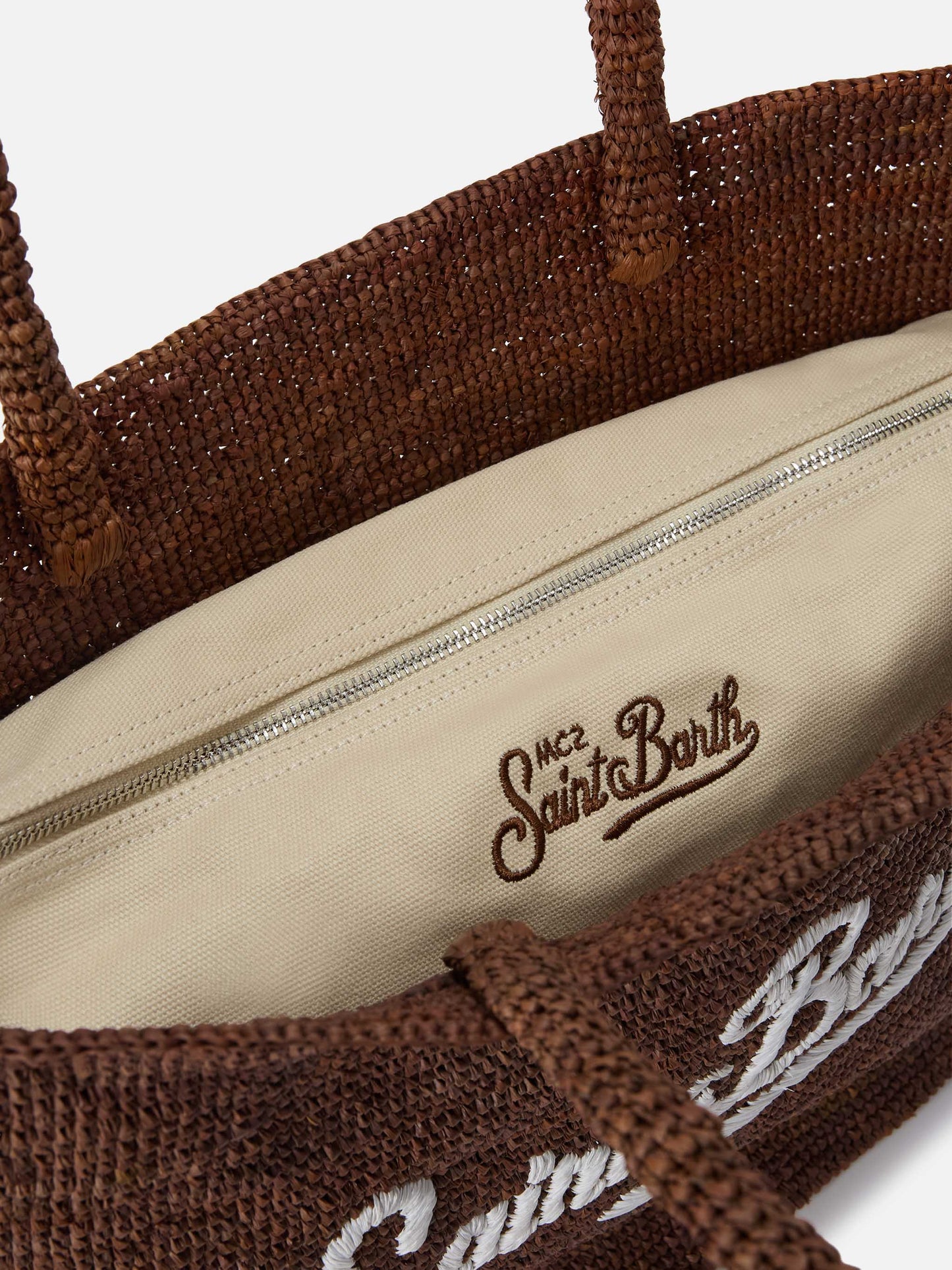 Bolso de playa Brown Beach de rafia con logo bordado en contraste 