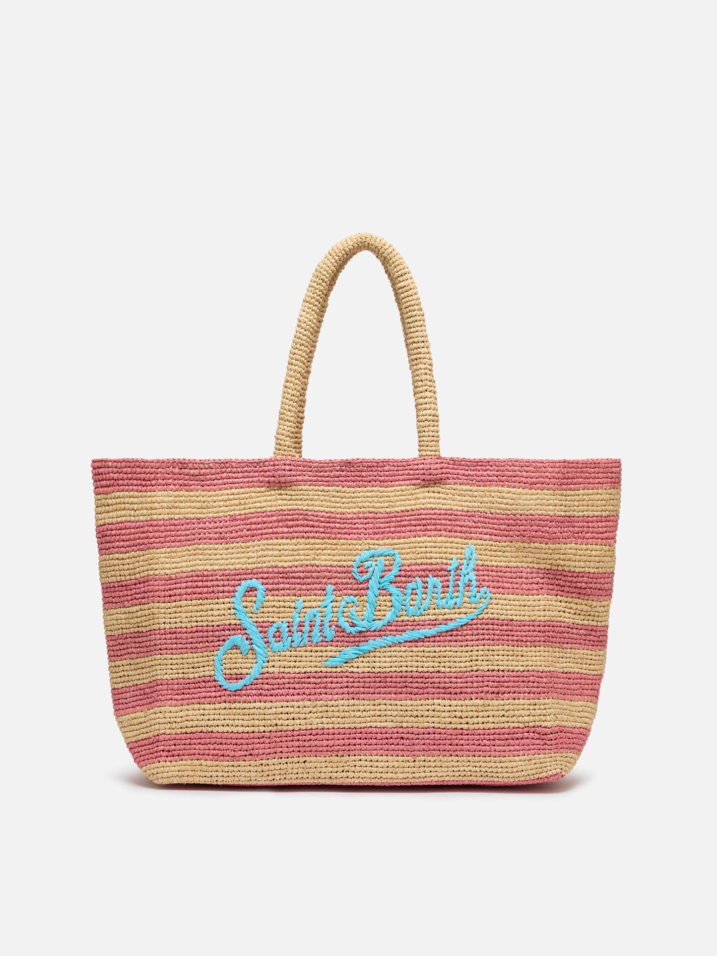 Rosa gestreifte Raffia-Strandtasche mit Baumwollbeutel