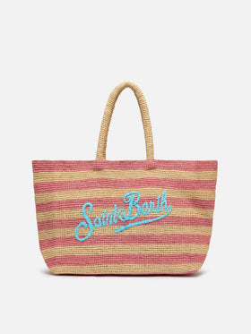Rosa gestreifte Raffia-Strandtasche mit Baumwollbeutel