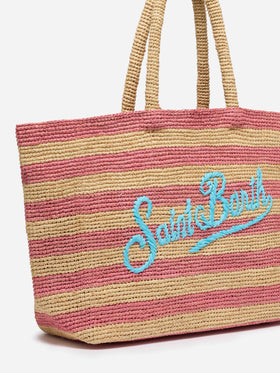 Rosa gestreifte Raffia-Strandtasche mit Baumwollbeutel