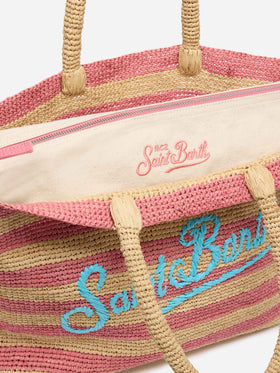 Rosa gestreifte Raffia-Strandtasche mit Baumwollbeutel