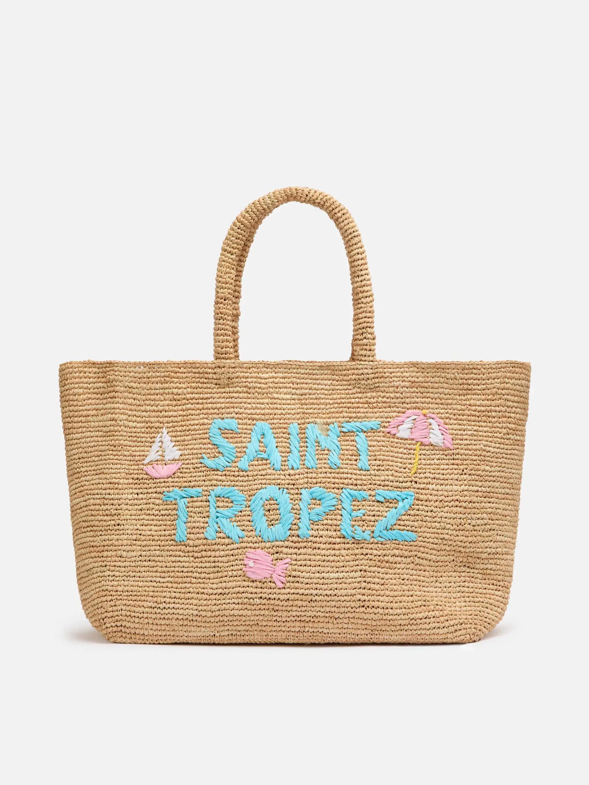 Beige Raffia Beach bag with cotton pouch and St. Tropez embroidery - MC2 Saint Barth