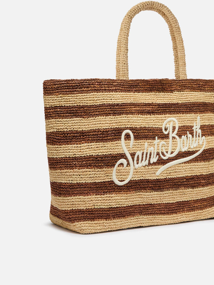 Borsa Beach in raffia a righe marroni con logo ricamato