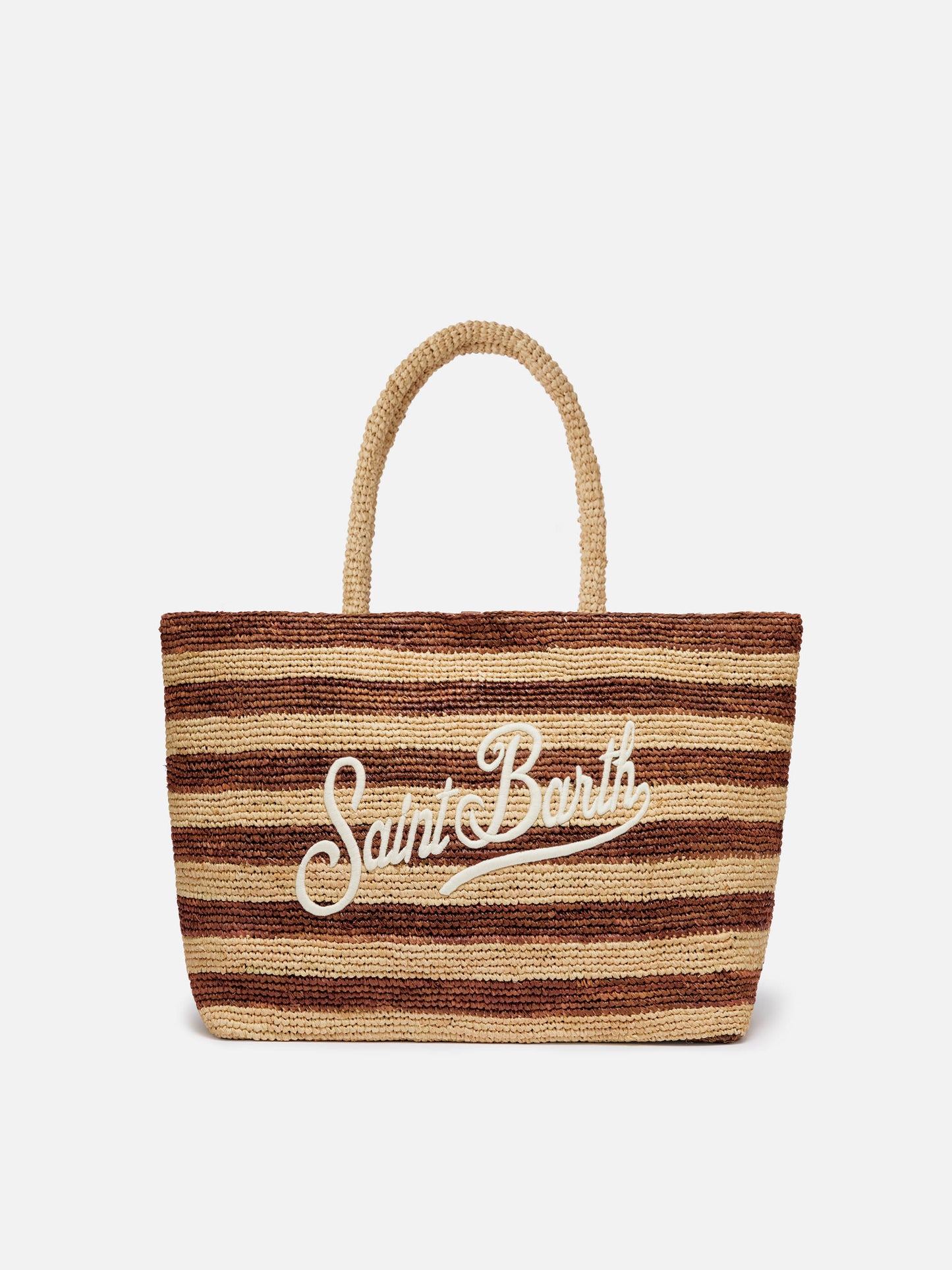 Strandtasche aus Raffiabast mit braunen Streifen und gesticktem Logo 