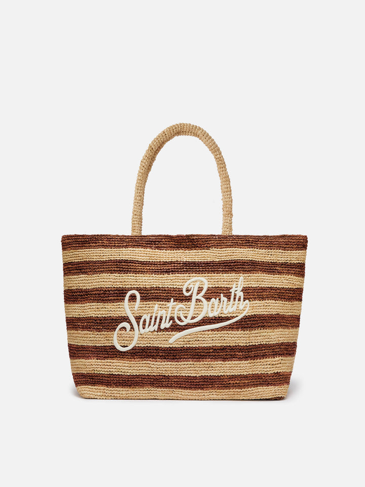 Bolso de playa de rafia con rayas marrones y logotipo bordado 