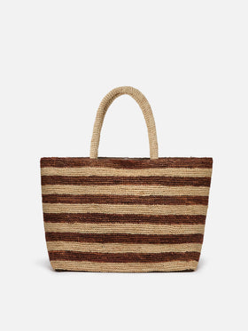 Strandtasche aus Raffiabast mit braunen Streifen und gesticktem Logo 