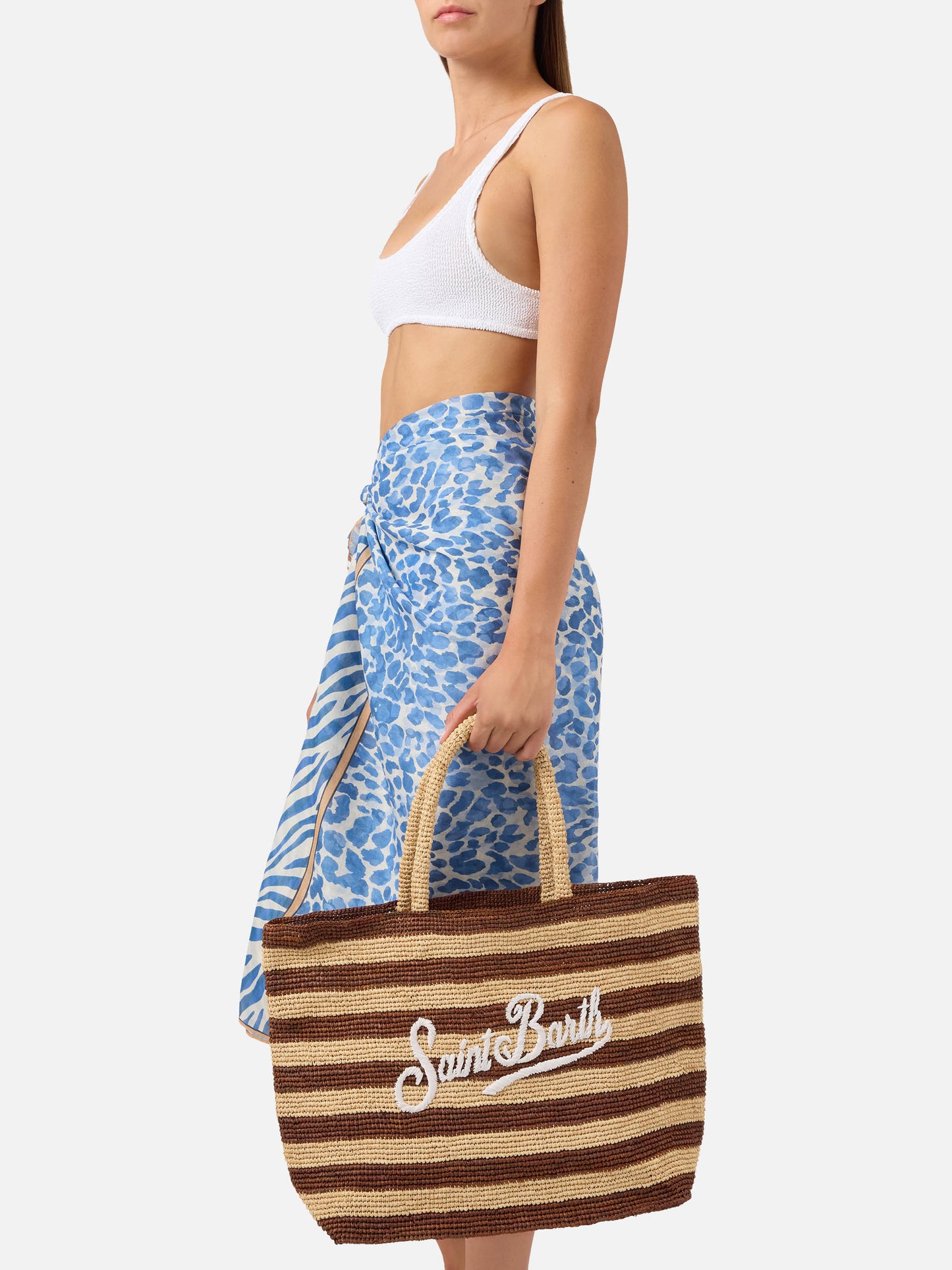 Sac de plage en raphia à rayures marron avec logo brodé 