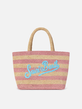 Borsa Beach medium in raffia a righe rosa con logo ricamato