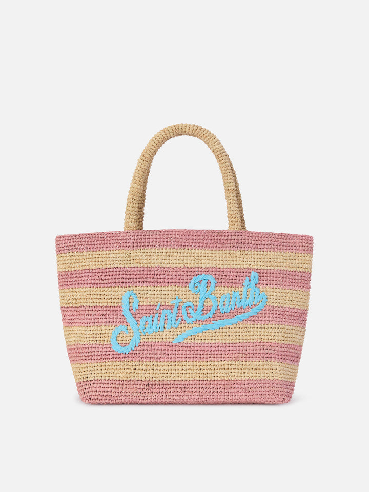 Sac de plage moyen en raphia à rayures roses avec logo brodé 