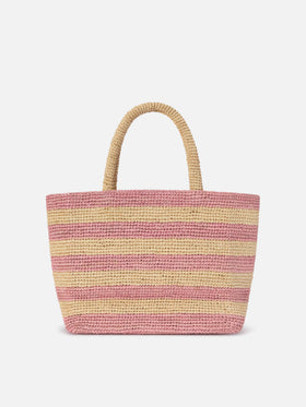 Borsa Beach medium in raffia a righe rosa con logo ricamato