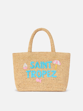 Borsa Beach medium in raffia con ricamo Saint Tropez