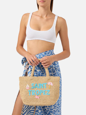 Borsa Beach medium in raffia con ricamo Saint Tropez