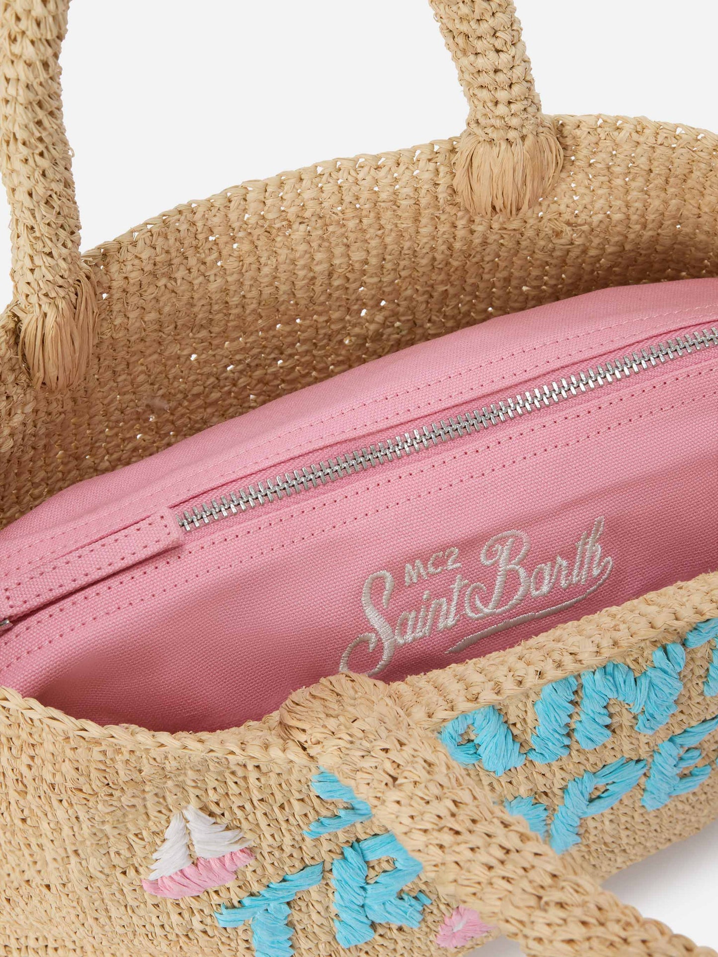 Borsa Beach medium in raffia con ricamo Saint Tropez